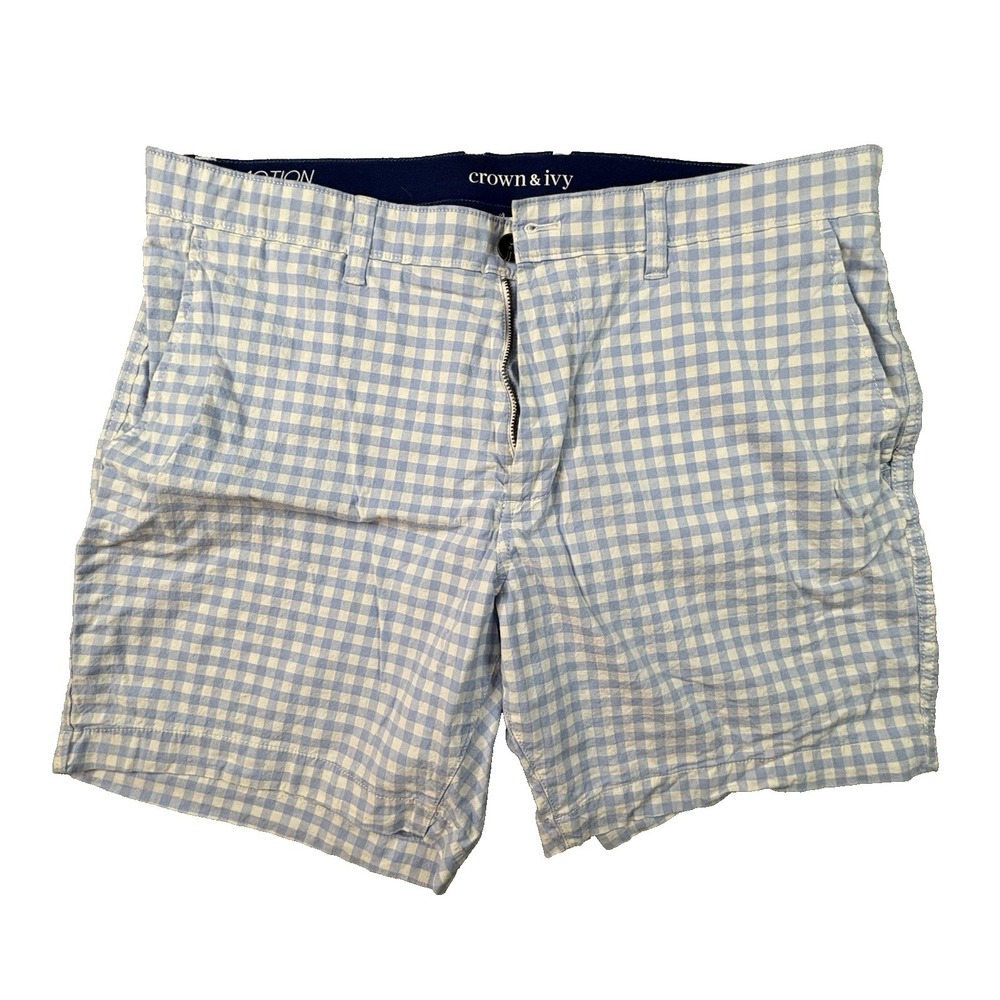 Crown & Ivy Men's 36.5 Blue & White Gingham Check Shorts Stretch Preppy Casual